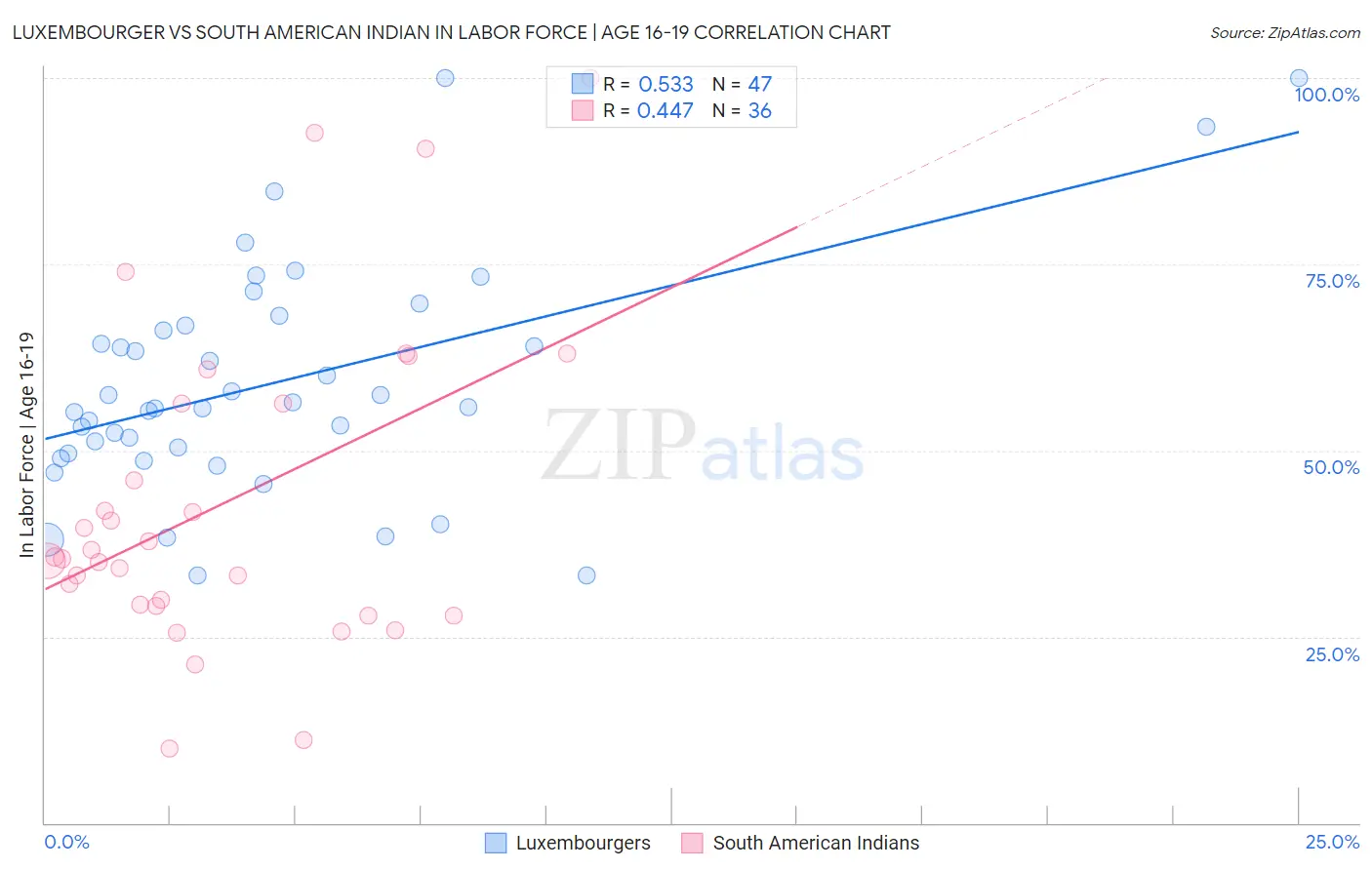 Luxembourger vs South American Indian In Labor Force | Age 16-19