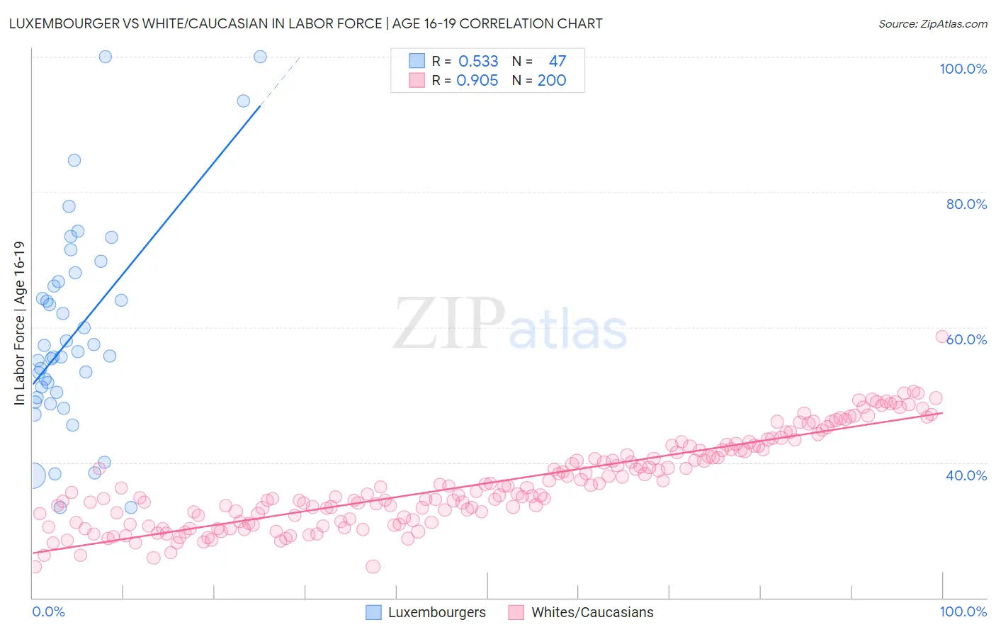 Luxembourger vs White/Caucasian In Labor Force | Age 16-19