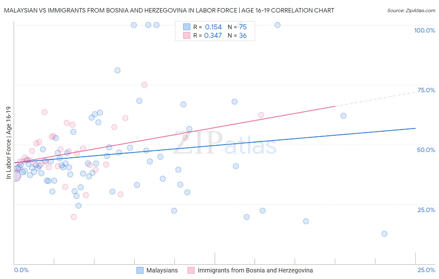 Malaysian vs Immigrants from Bosnia and Herzegovina In Labor Force | Age 16-19