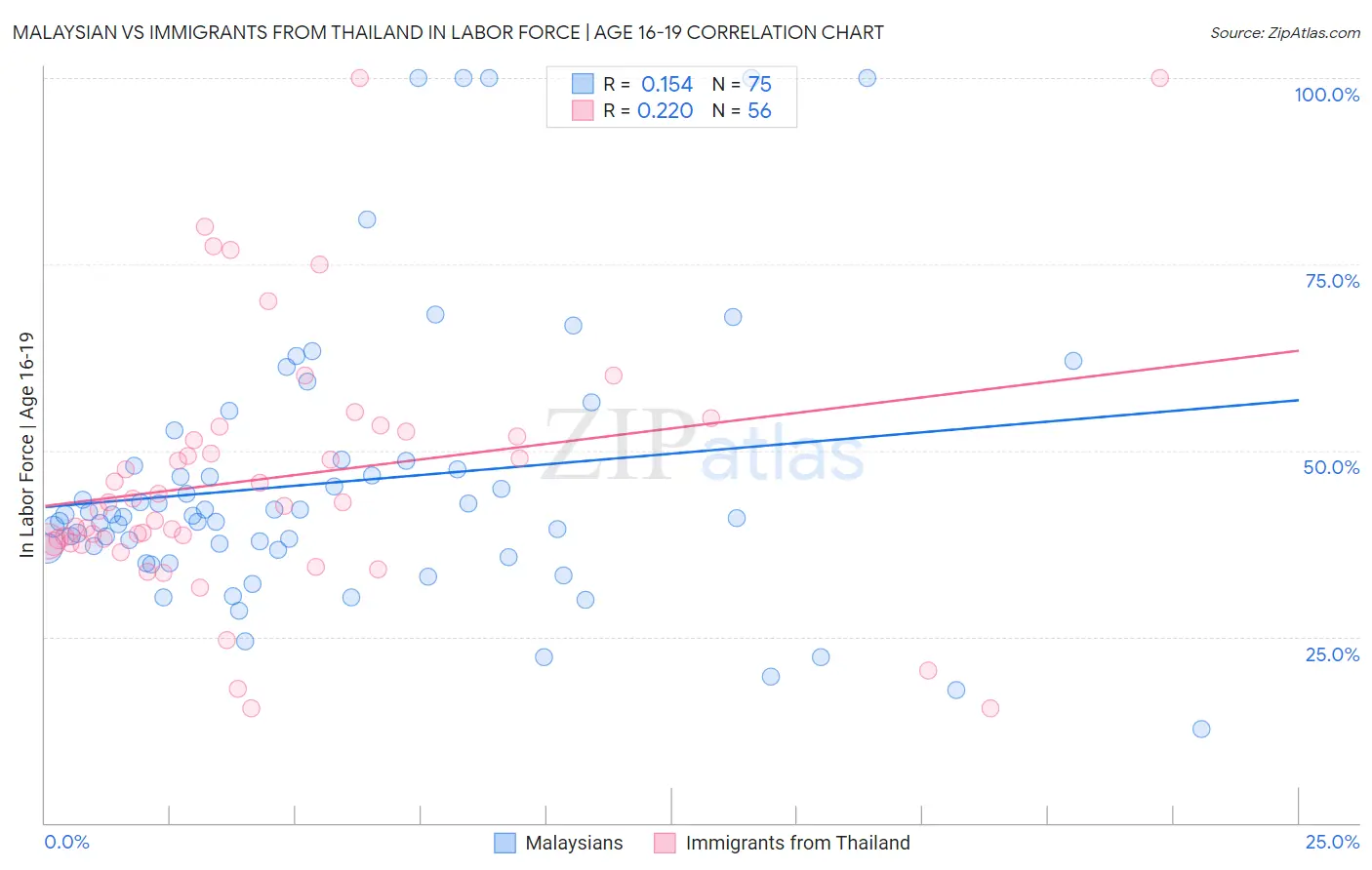 Malaysian vs Immigrants from Thailand In Labor Force | Age 16-19