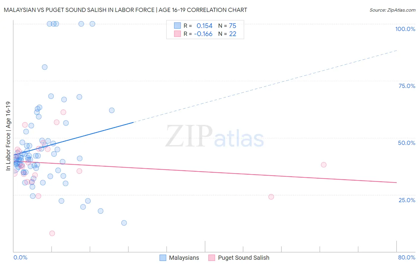 Malaysian vs Puget Sound Salish In Labor Force | Age 16-19