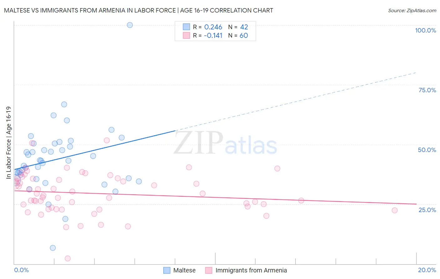 Maltese vs Immigrants from Armenia In Labor Force | Age 16-19