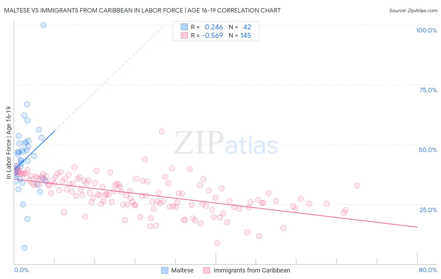 Maltese vs Immigrants from Caribbean In Labor Force | Age 16-19