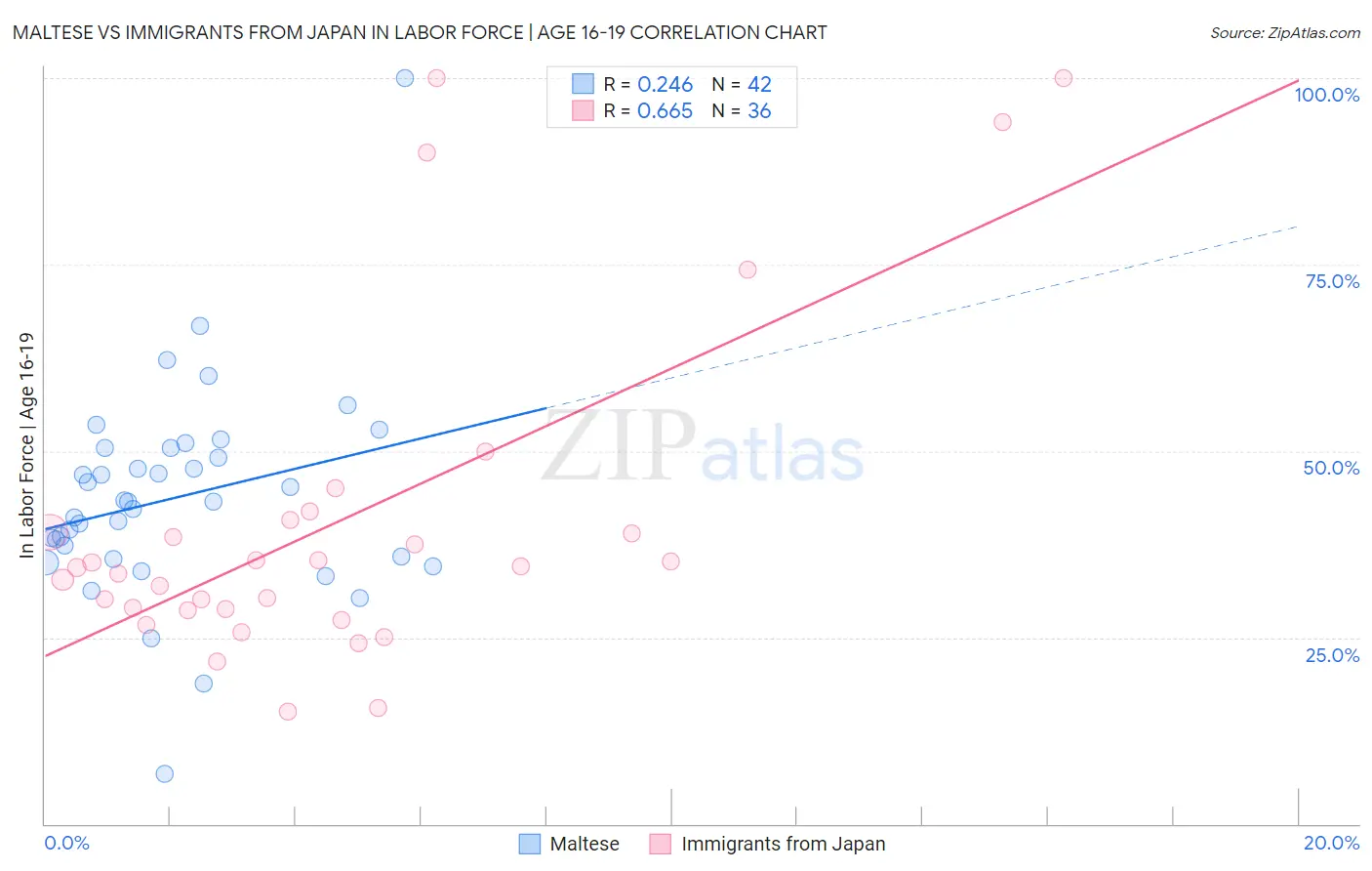 Maltese vs Immigrants from Japan In Labor Force | Age 16-19