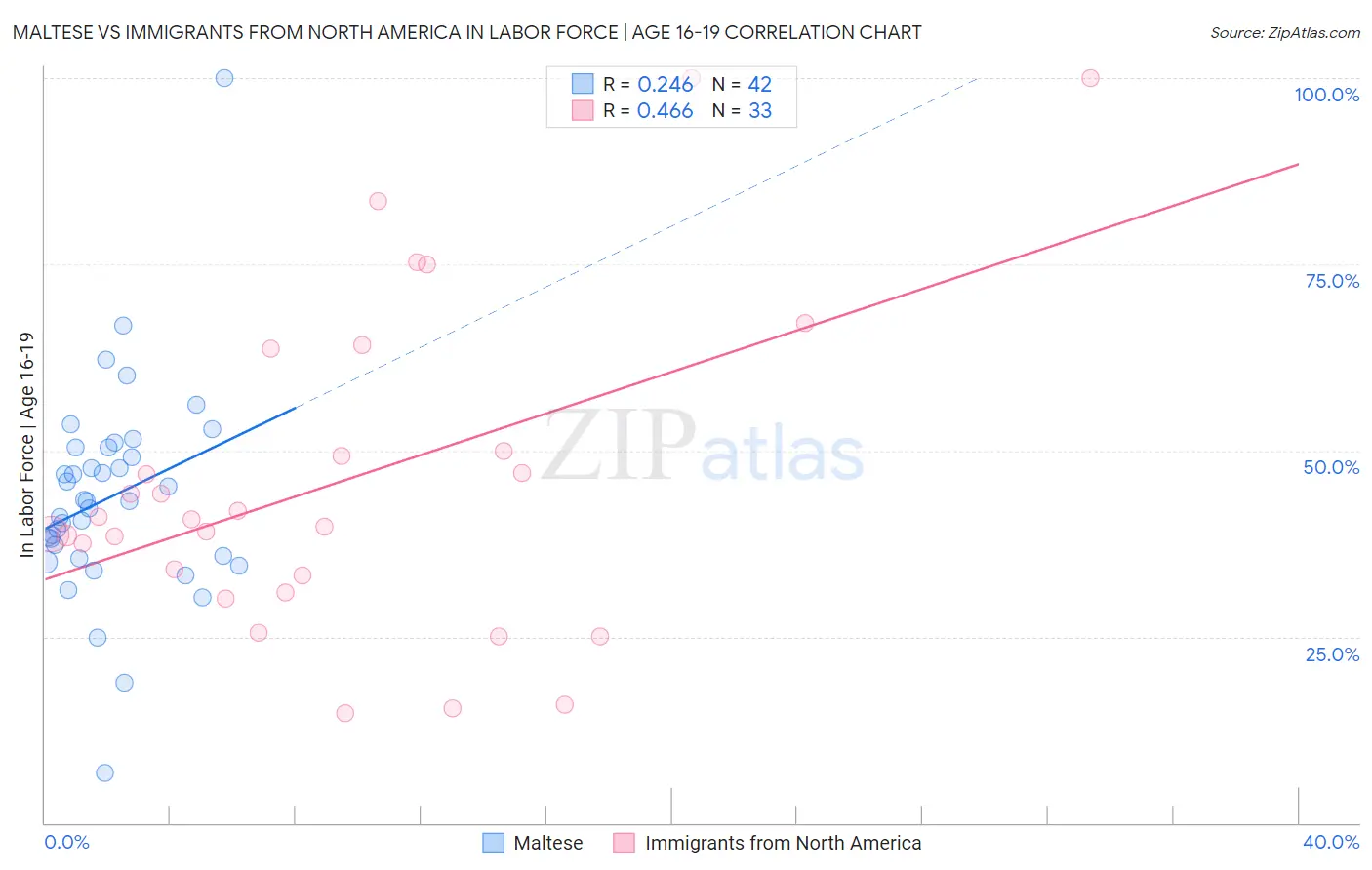 Maltese vs Immigrants from North America In Labor Force | Age 16-19