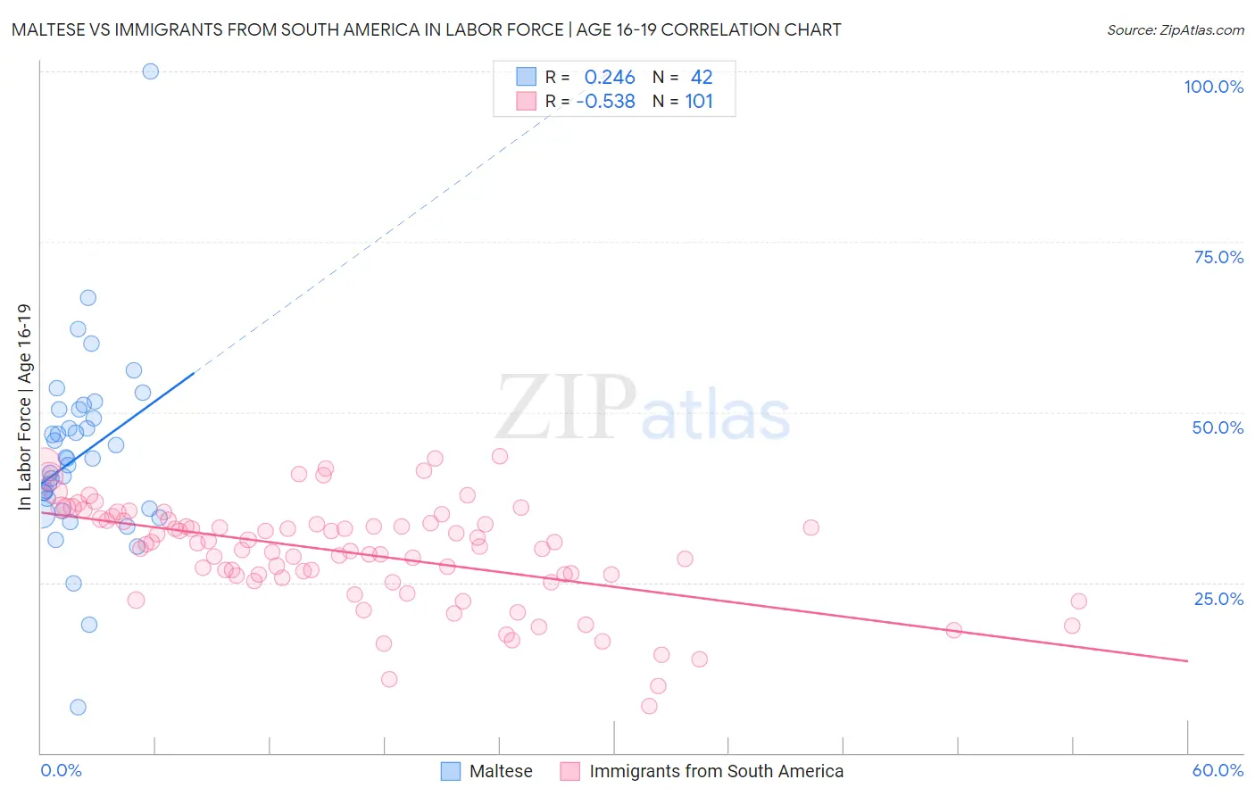 Maltese vs Immigrants from South America In Labor Force | Age 16-19