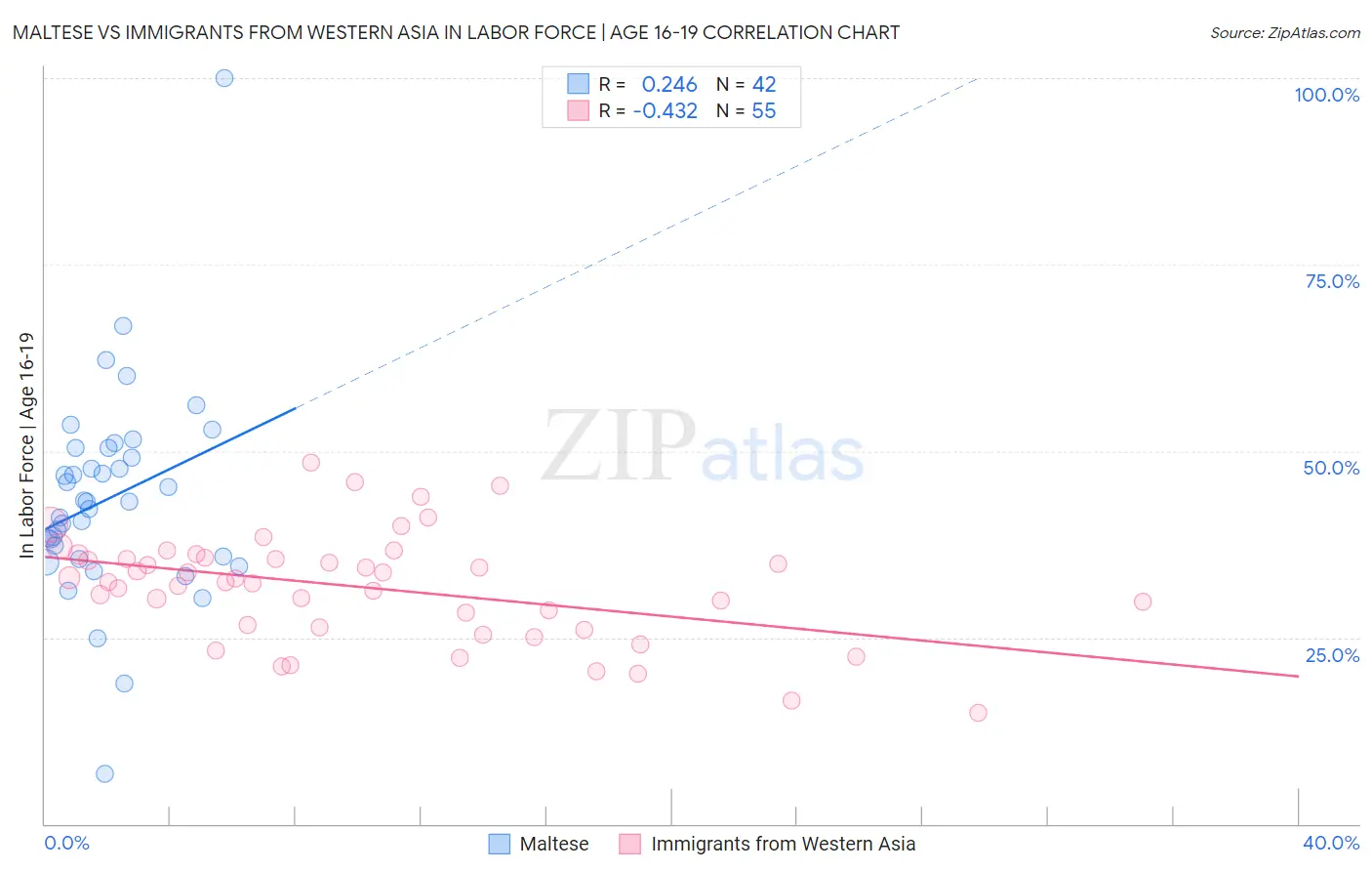Maltese vs Immigrants from Western Asia In Labor Force | Age 16-19