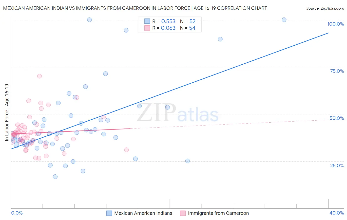 Mexican American Indian vs Immigrants from Cameroon In Labor Force | Age 16-19