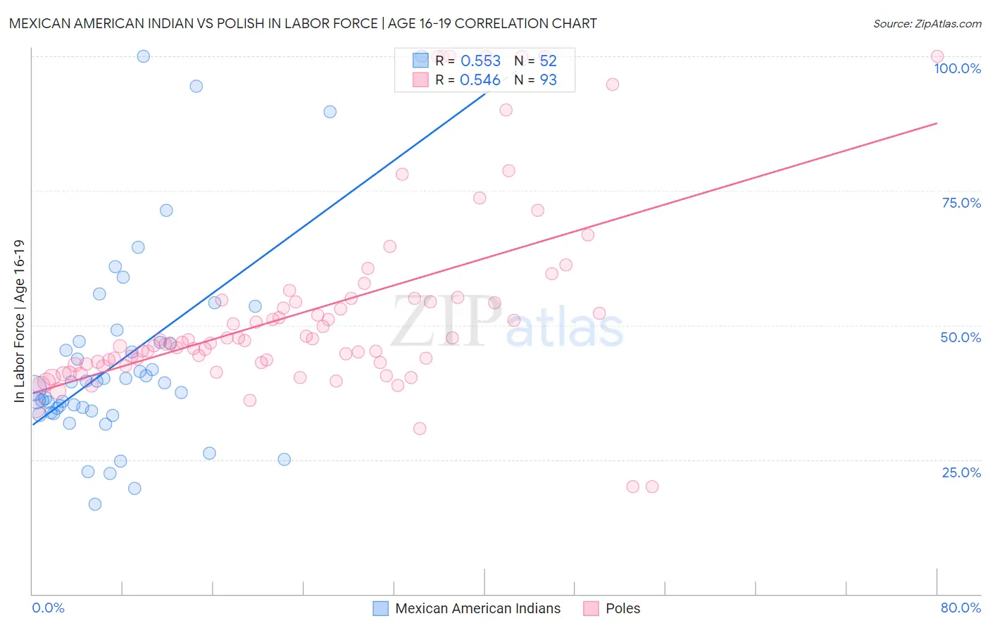 Mexican American Indian vs Polish In Labor Force | Age 16-19