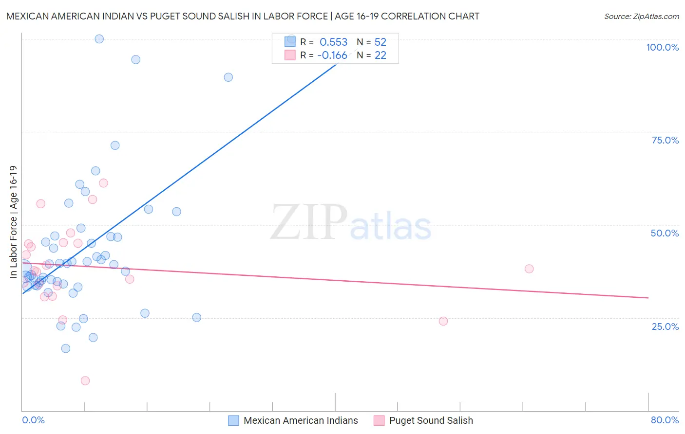 Mexican American Indian vs Puget Sound Salish In Labor Force | Age 16-19