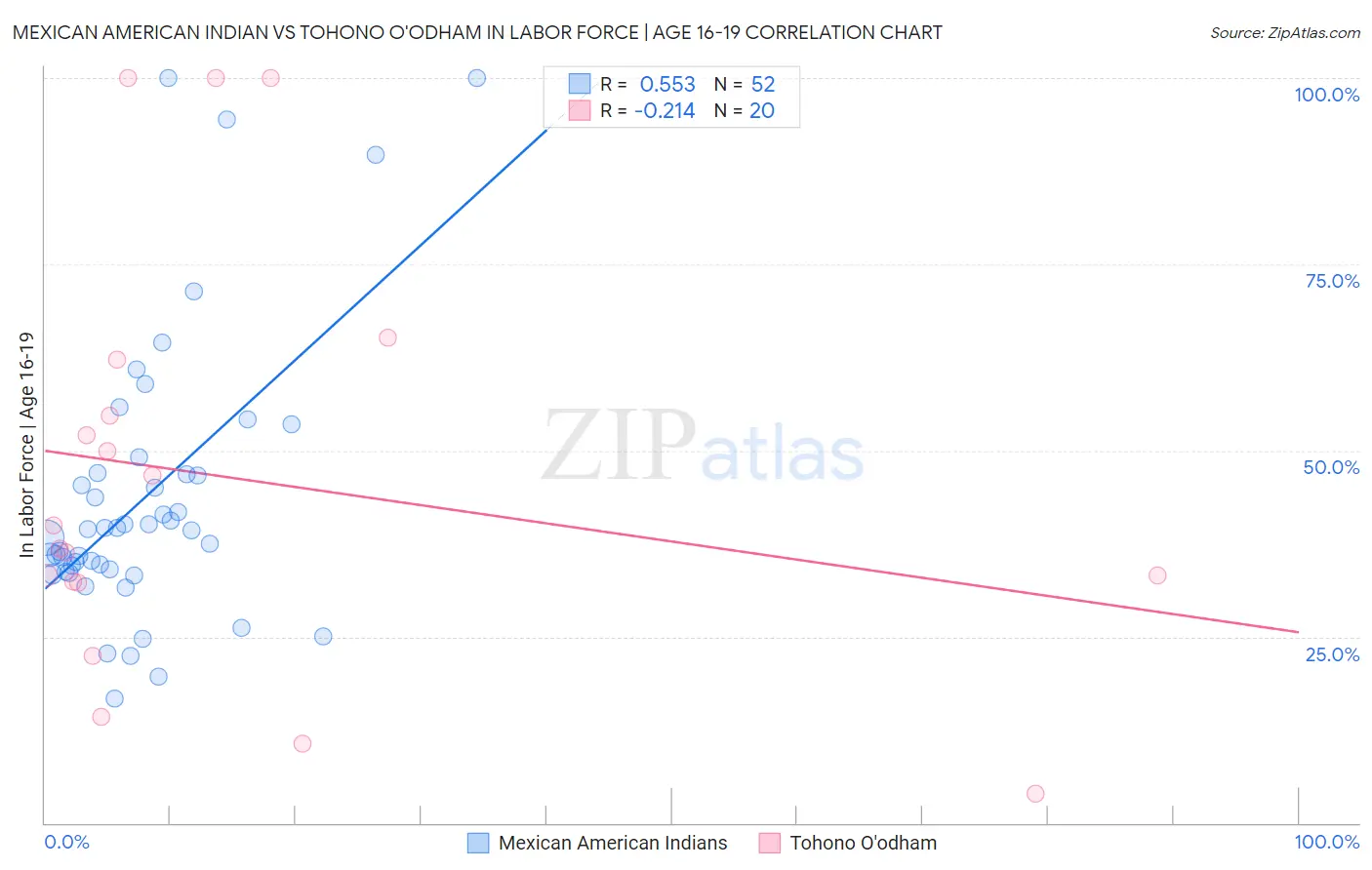 Mexican American Indian vs Tohono O'odham In Labor Force | Age 16-19