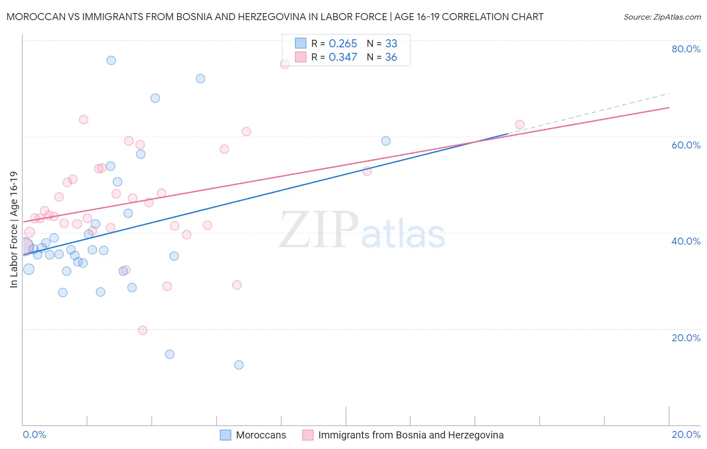 Moroccan vs Immigrants from Bosnia and Herzegovina In Labor Force | Age 16-19