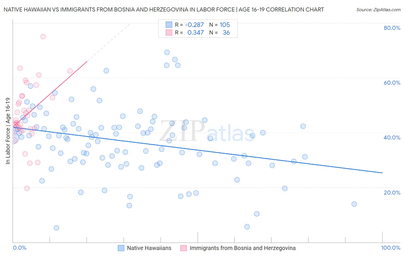 Native Hawaiian vs Immigrants from Bosnia and Herzegovina In Labor Force | Age 16-19
