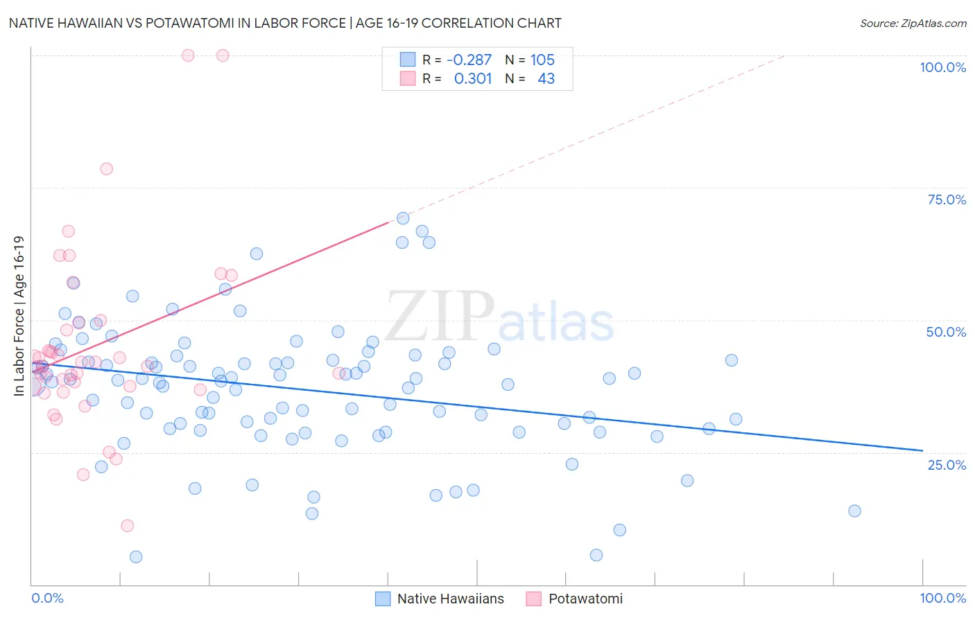 Native Hawaiian vs Potawatomi In Labor Force | Age 16-19