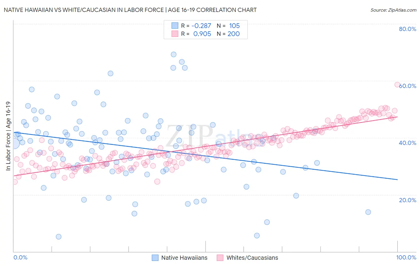 Native Hawaiian vs White/Caucasian In Labor Force | Age 16-19