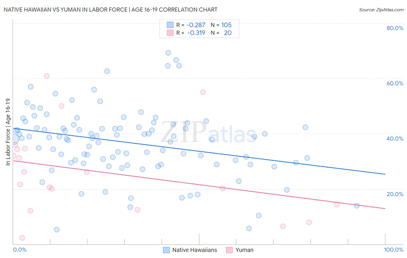Native Hawaiian vs Yuman In Labor Force | Age 16-19