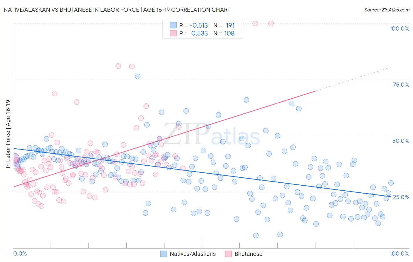 Native/Alaskan vs Bhutanese In Labor Force | Age 16-19
