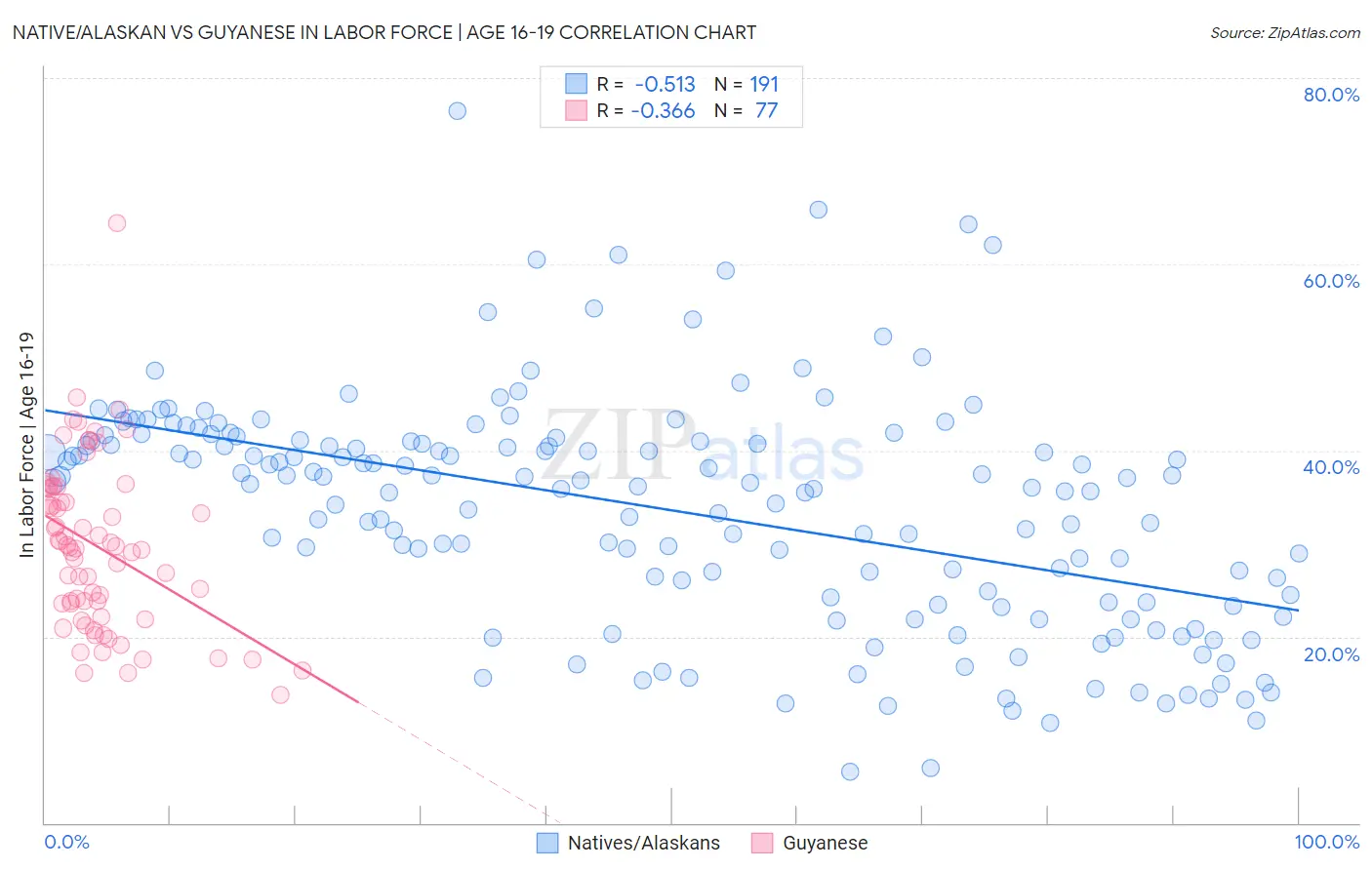 Native/Alaskan vs Guyanese In Labor Force | Age 16-19