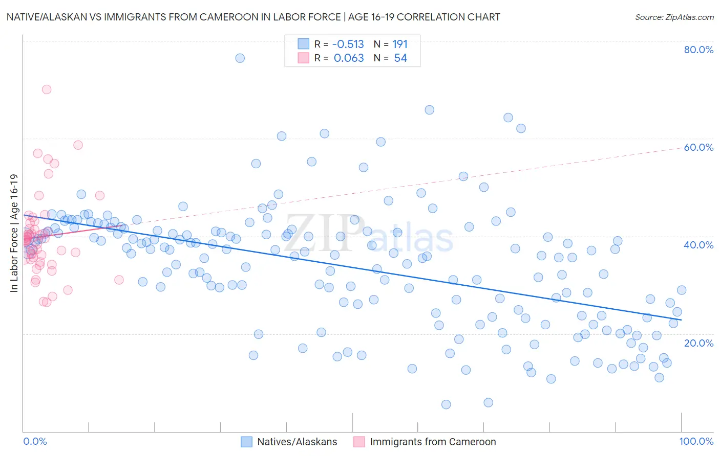 Native/Alaskan vs Immigrants from Cameroon In Labor Force | Age 16-19
