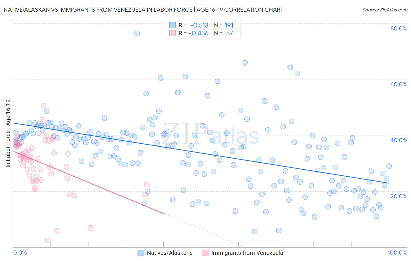 Native/Alaskan vs Immigrants from Venezuela In Labor Force | Age 16-19