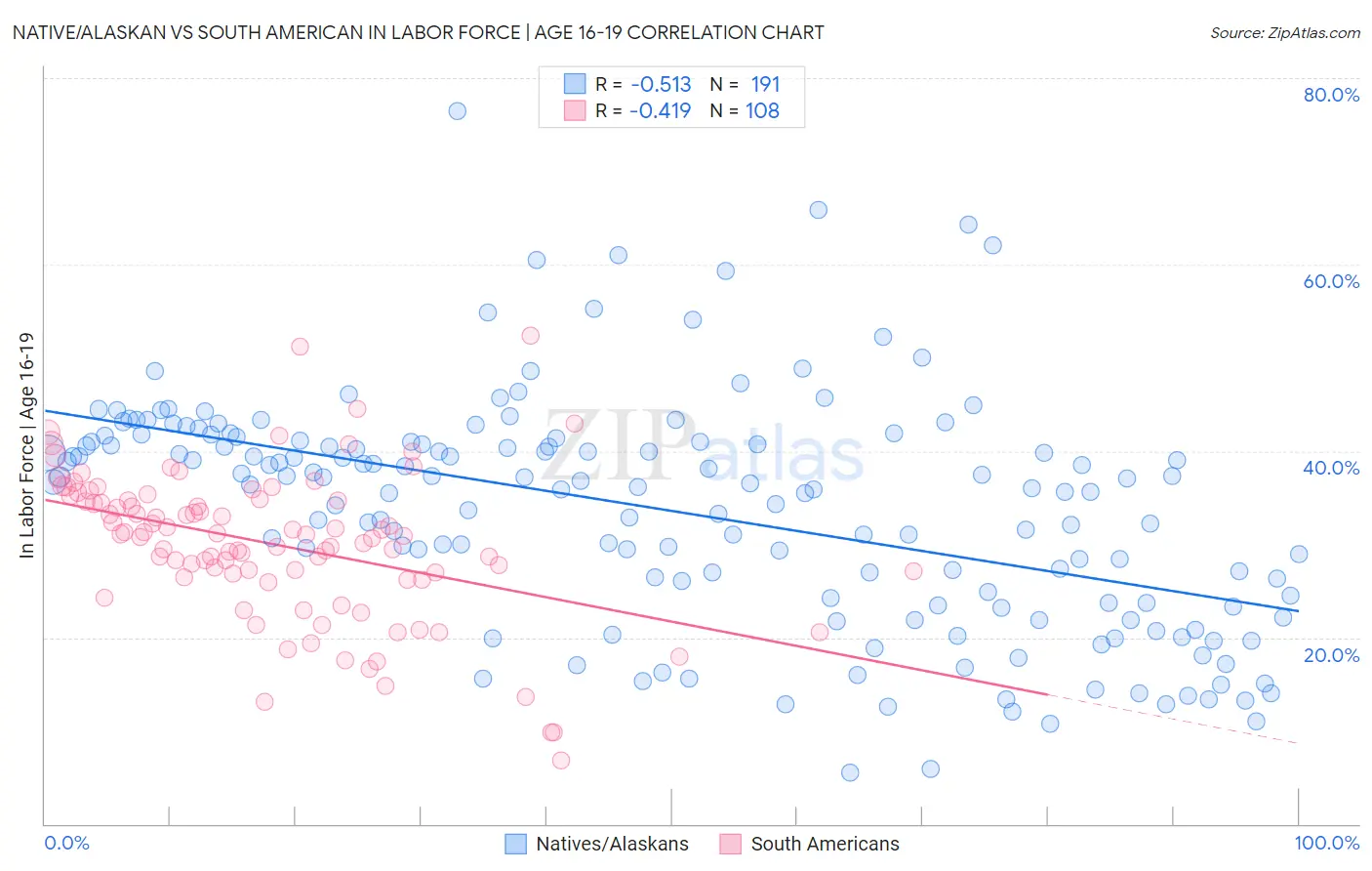 Native/Alaskan vs South American In Labor Force | Age 16-19