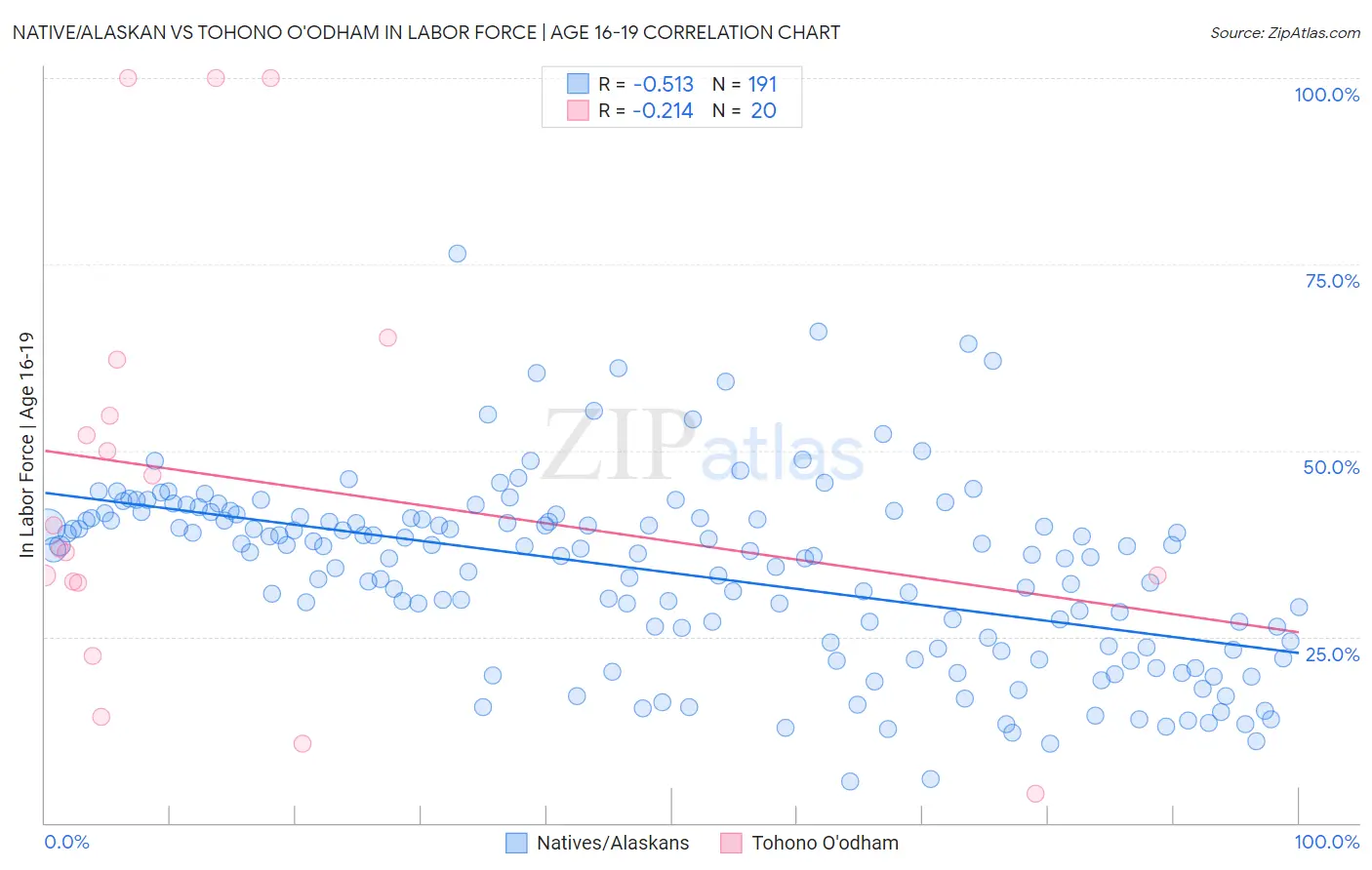 Native/Alaskan vs Tohono O'odham In Labor Force | Age 16-19