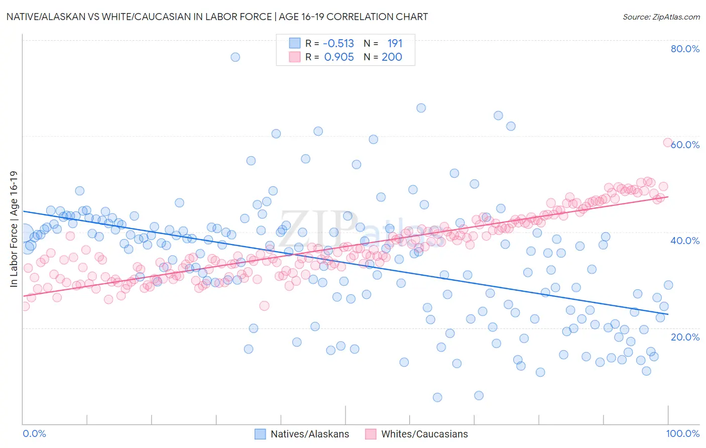 Native/Alaskan vs White/Caucasian In Labor Force | Age 16-19