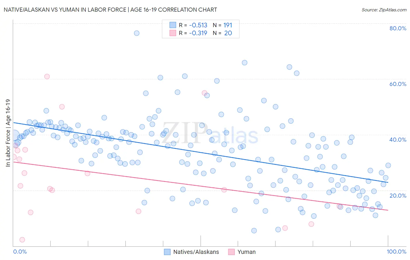 Native/Alaskan vs Yuman In Labor Force | Age 16-19