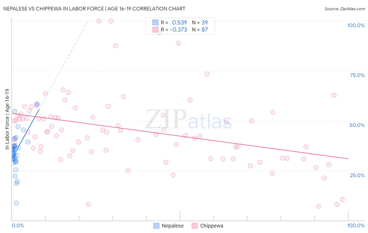 Nepalese vs Chippewa In Labor Force | Age 16-19