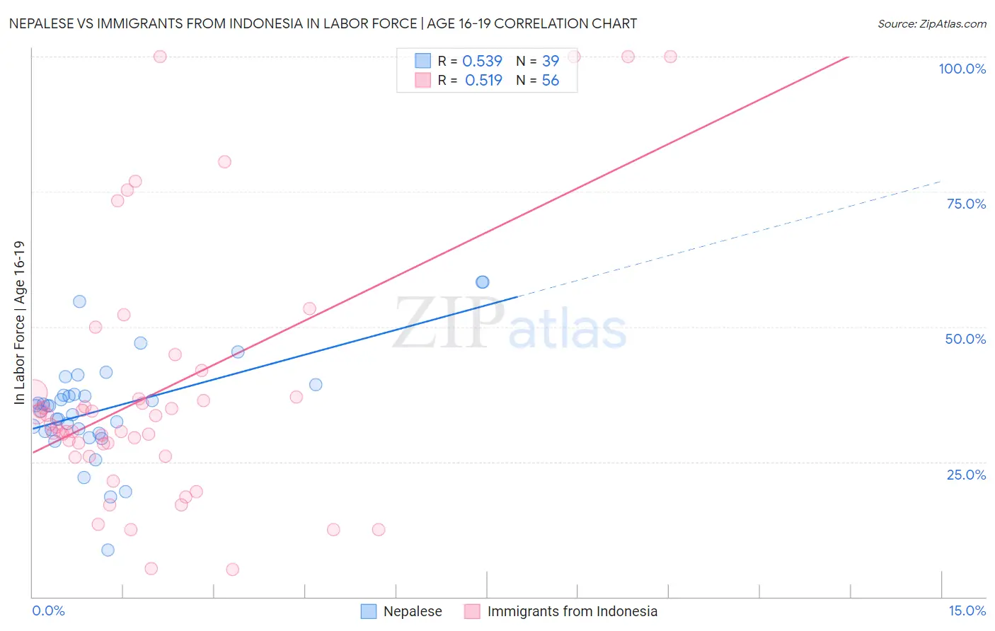 Nepalese vs Immigrants from Indonesia In Labor Force | Age 16-19