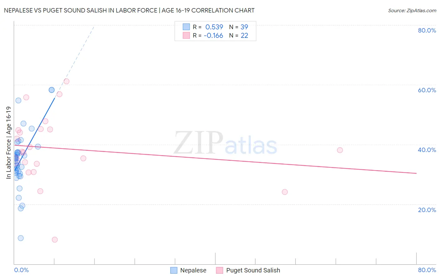 Nepalese vs Puget Sound Salish In Labor Force | Age 16-19