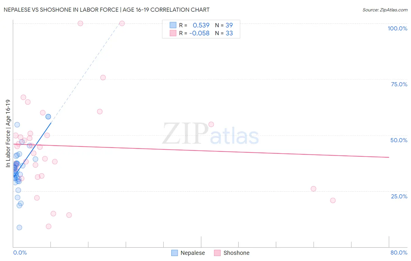 Nepalese vs Shoshone In Labor Force | Age 16-19