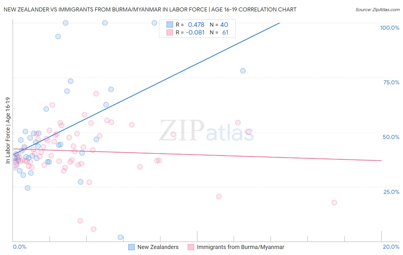 New Zealander vs Immigrants from Burma/Myanmar In Labor Force | Age 16-19
