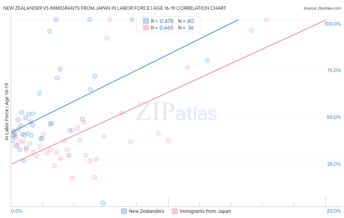 New Zealander vs Immigrants from Japan In Labor Force | Age 16-19