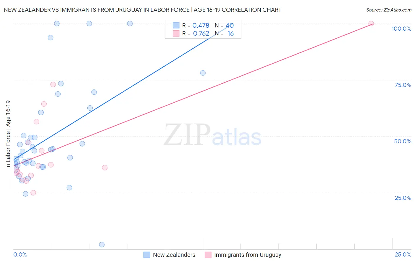 New Zealander vs Immigrants from Uruguay In Labor Force | Age 16-19