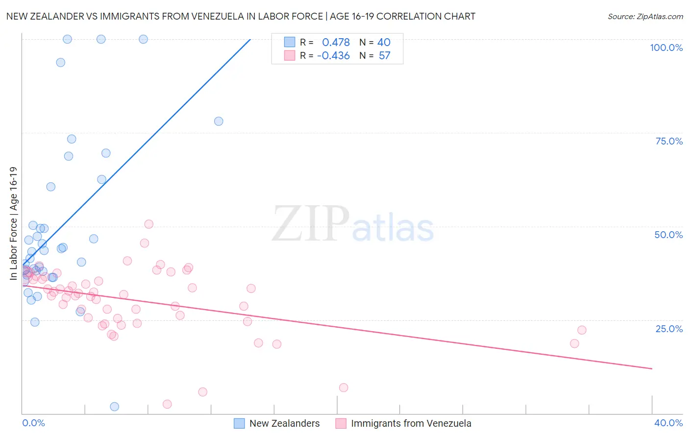 New Zealander vs Immigrants from Venezuela In Labor Force | Age 16-19