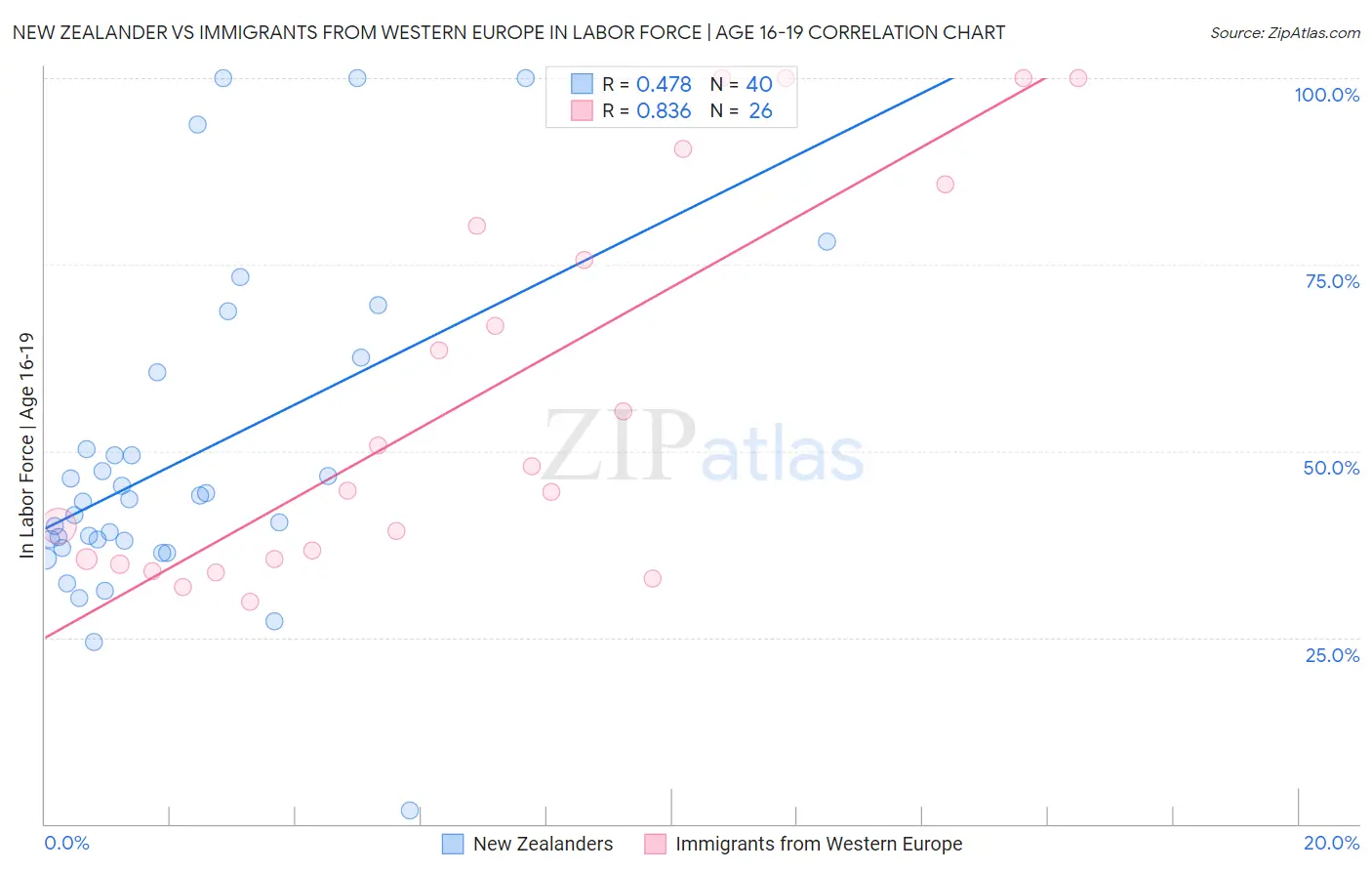 New Zealander vs Immigrants from Western Europe In Labor Force | Age 16-19