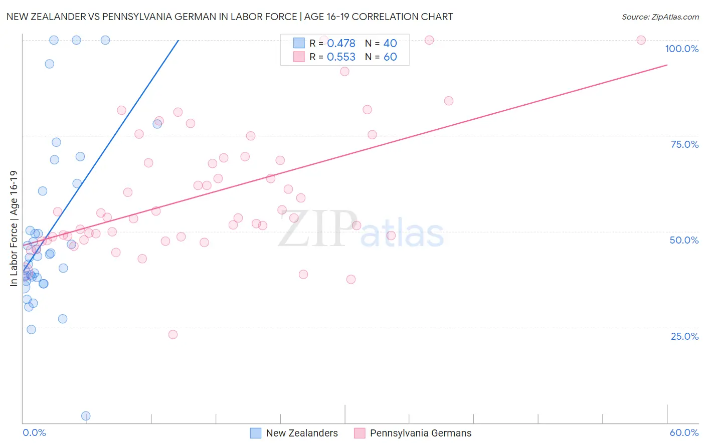 New Zealander vs Pennsylvania German In Labor Force | Age 16-19