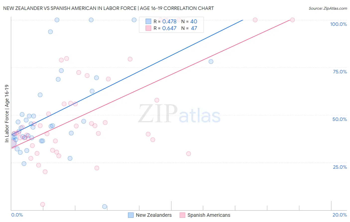New Zealander vs Spanish American In Labor Force | Age 16-19