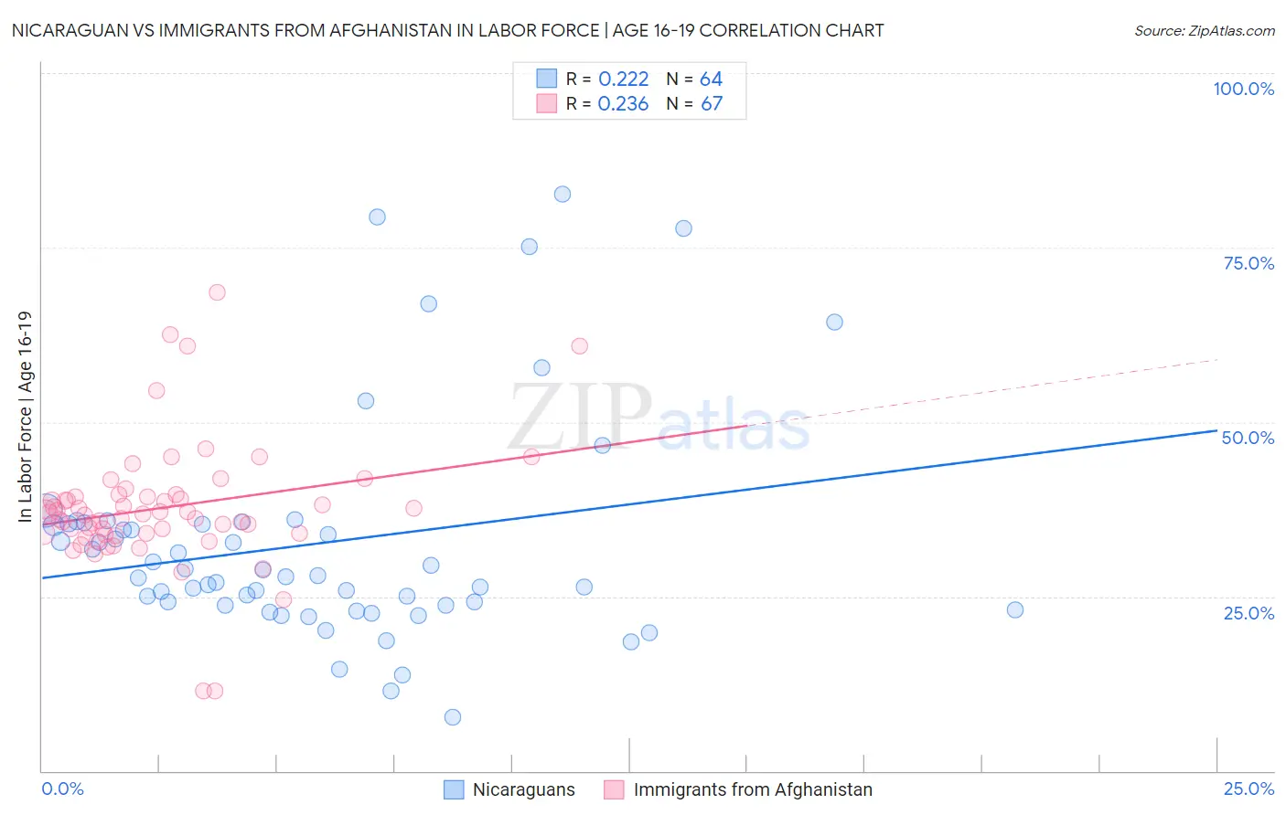 Nicaraguan vs Immigrants from Afghanistan In Labor Force | Age 16-19