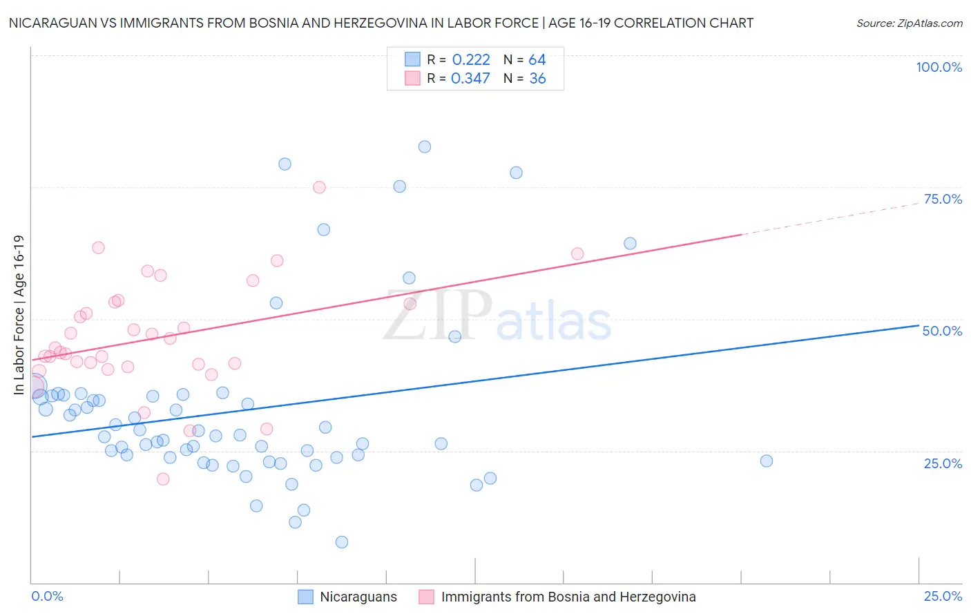 Nicaraguan vs Immigrants from Bosnia and Herzegovina In Labor Force | Age 16-19