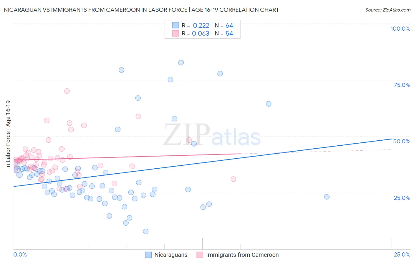 Nicaraguan vs Immigrants from Cameroon In Labor Force | Age 16-19