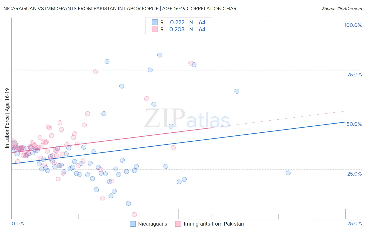 Nicaraguan vs Immigrants from Pakistan In Labor Force | Age 16-19
