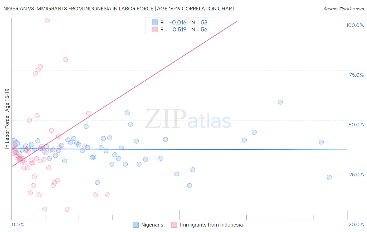 Nigerian vs Immigrants from Indonesia In Labor Force | Age 16-19