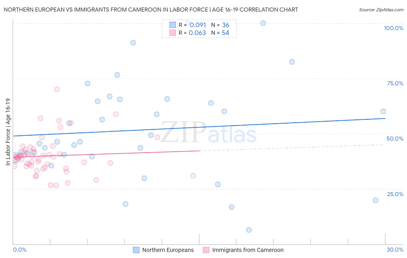 Northern European vs Immigrants from Cameroon In Labor Force | Age 16-19