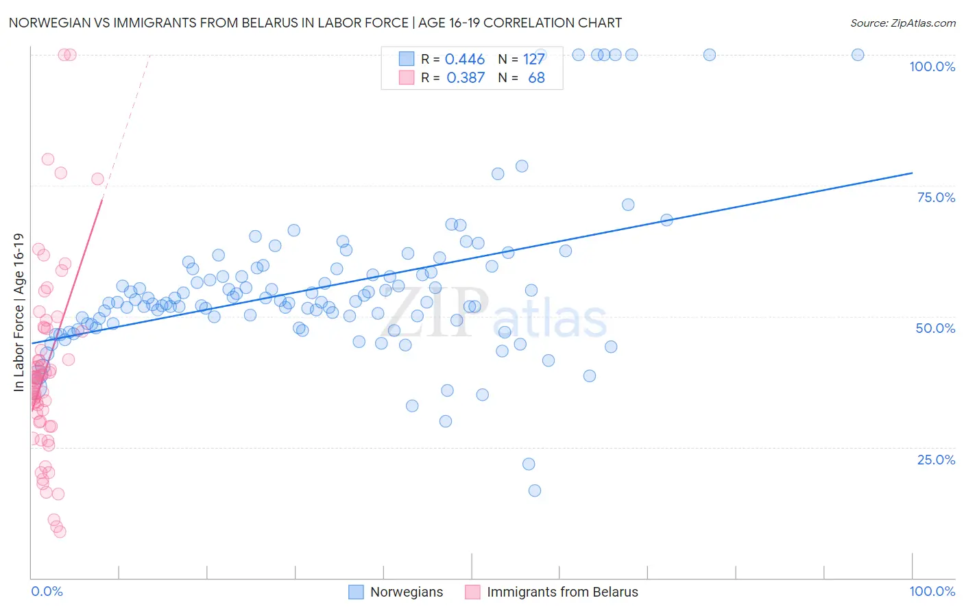 Norwegian vs Immigrants from Belarus In Labor Force | Age 16-19