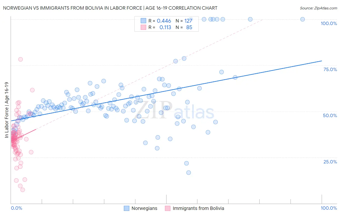 Norwegian vs Immigrants from Bolivia In Labor Force | Age 16-19