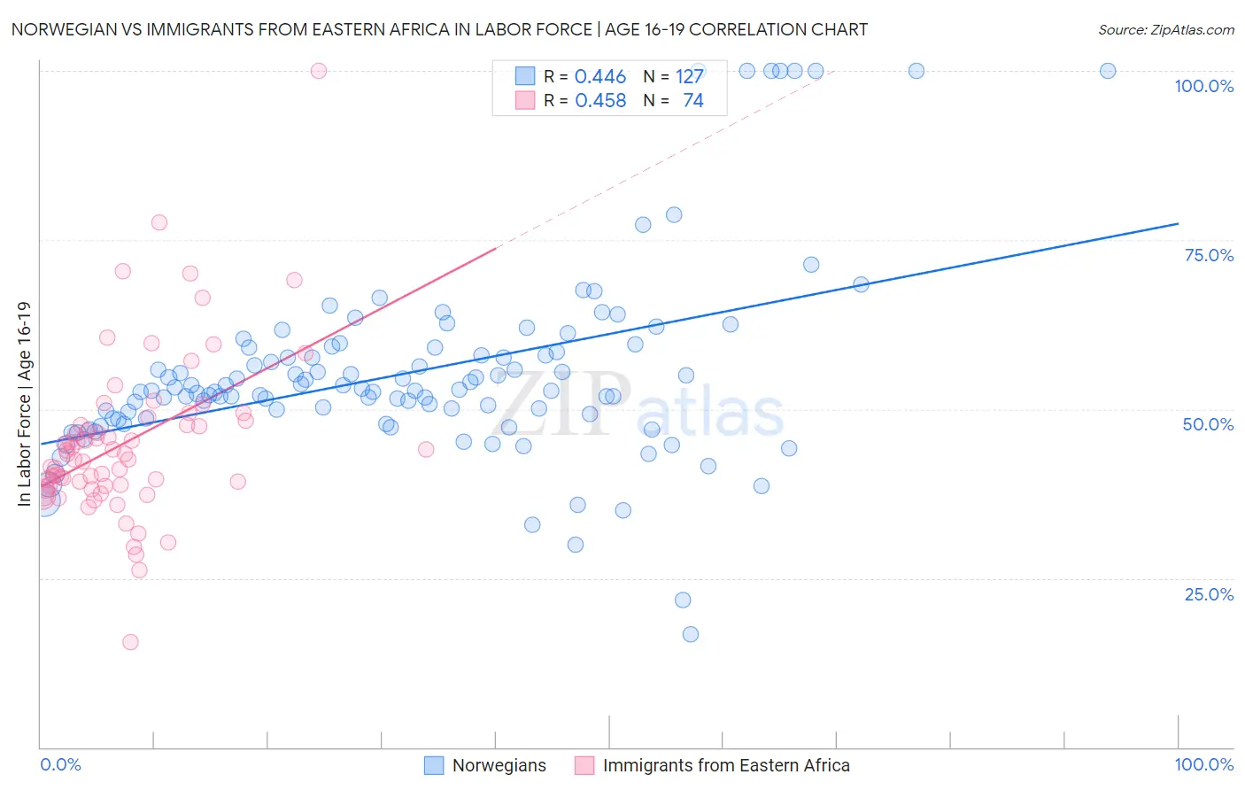 Norwegian vs Immigrants from Eastern Africa In Labor Force | Age 16-19