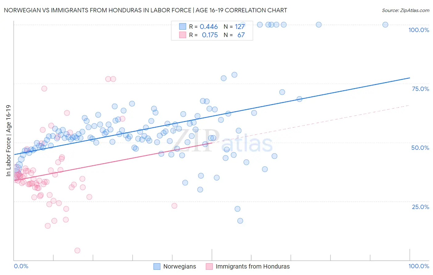 Norwegian vs Immigrants from Honduras In Labor Force | Age 16-19