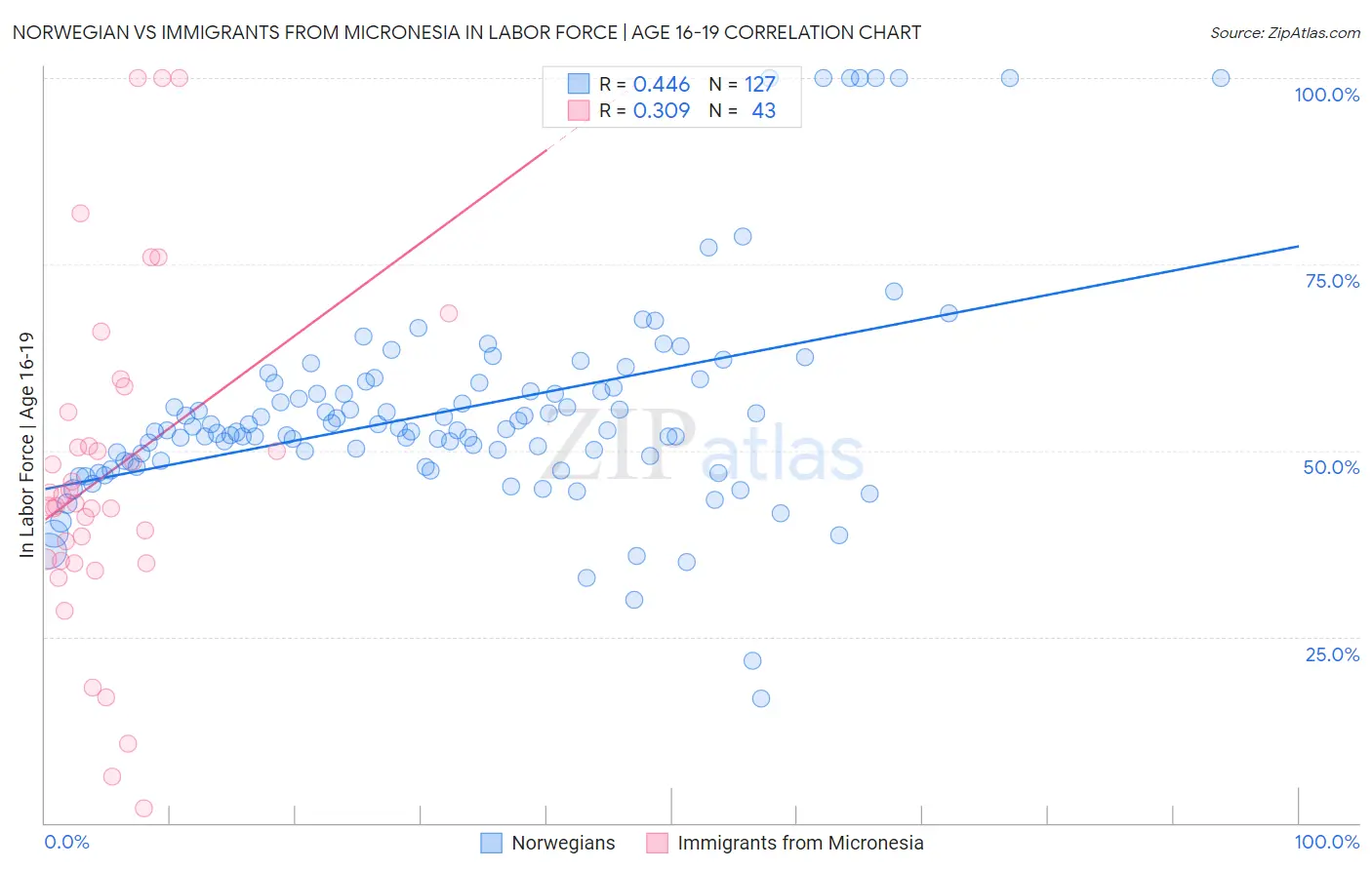 Norwegian vs Immigrants from Micronesia In Labor Force | Age 16-19